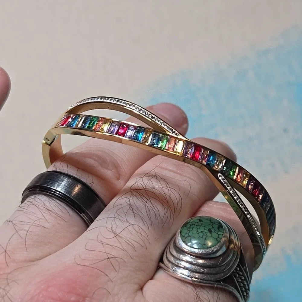 Costume Bracelet Rainbow CZ‎ Gold Tone Y2K Bangle Color Stones Alt Snap Bracelet